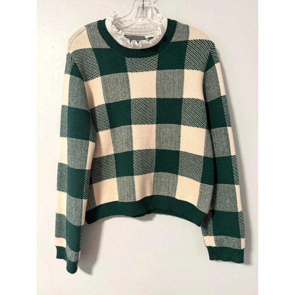 Anthropologie Green Plaid Check Ruffle Collar Layered Sweater Womens Medium M